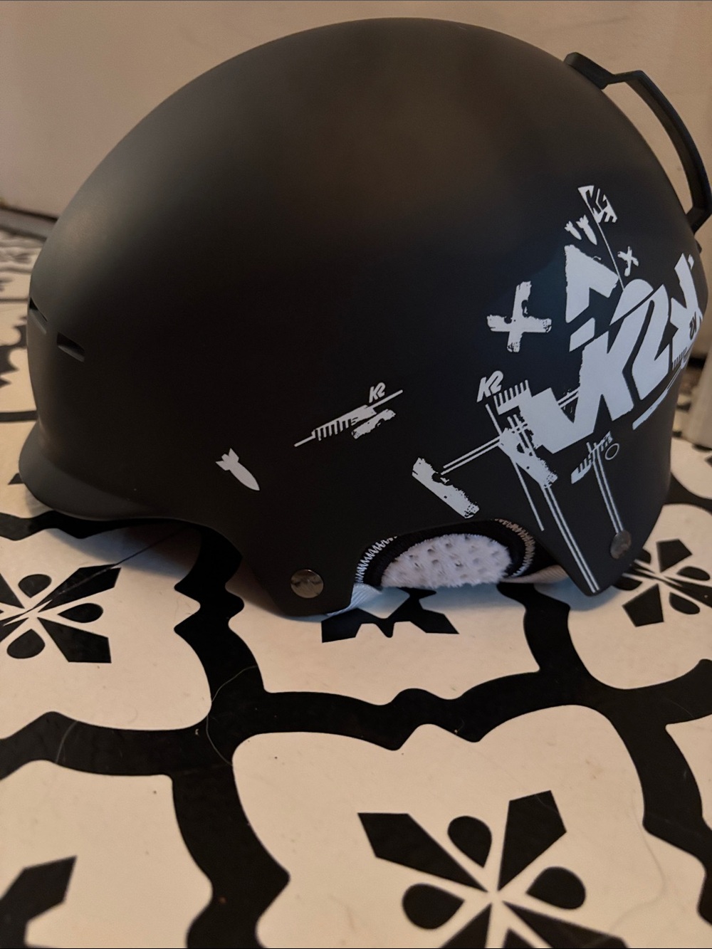 Matte Black K2 Rant Graphic Snow Helmet with White Accents kids medium